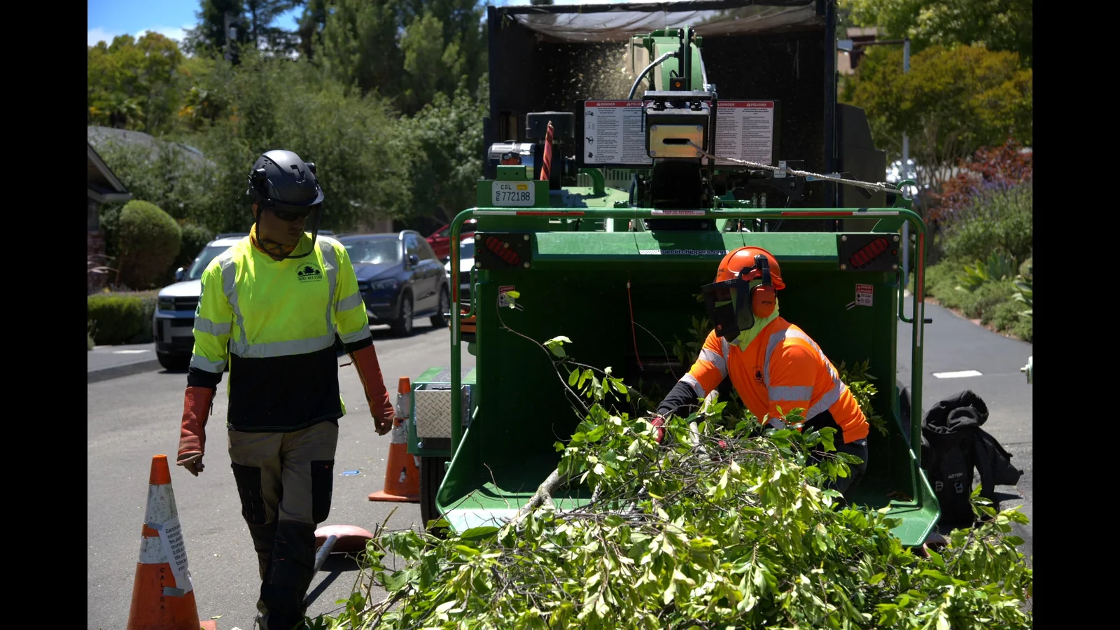 Zambrano crew working curbside with cones, chipper and full PPE